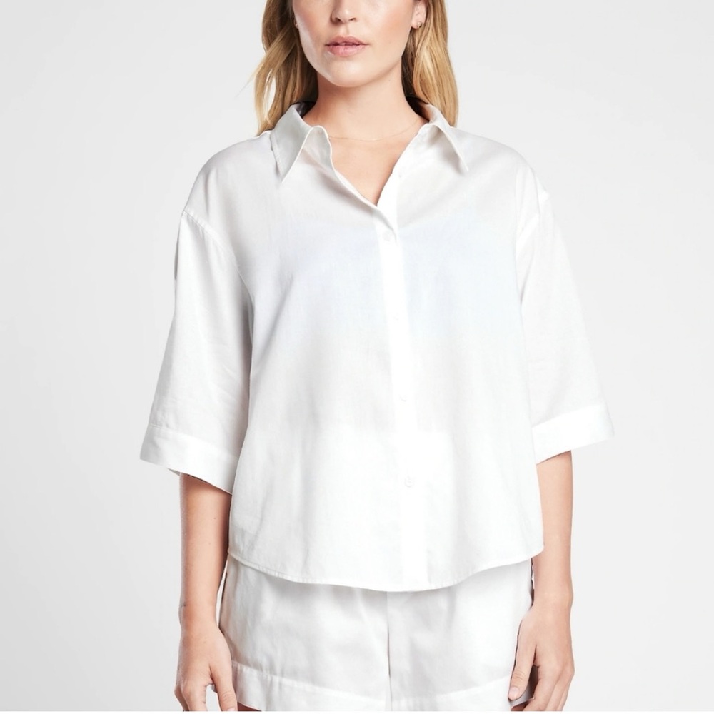 Athleta Bright White Cotton Oversized Button Down Dreams Sleep Top Blouse Size S